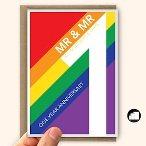 Tarjeta de primer aniversario gay MR y MR 365 días Tarjeta de aniversario de bodas de un año Opciones de tarjeta grande y mensaje