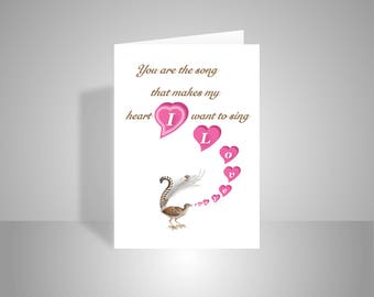 I Love You romantic card for boyfriend girlfriend wife husband Love, Valentine card lyrebird singing pink hearts inside message options