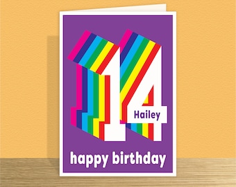 Personalised 14th birthday card for boy for girl 14 card for daughter or son rainbow number Message & large card options