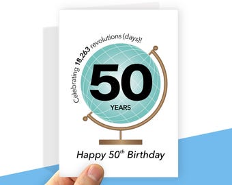 Printable 50th Birthday Card Globe Theme, Digital file