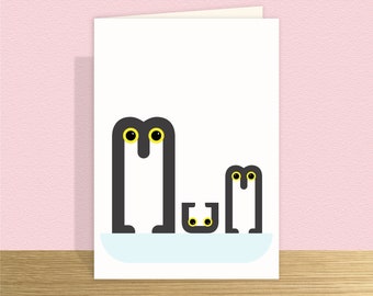 Cute Penguin Mum Mothers Day Card for Mum funny font graphic Large card and personalised inside options