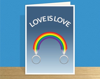 Love is Love Gay wedding card LGBTQIA wedding day card congratulations card rainbow rings