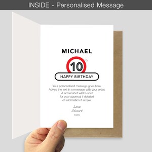 May include: A white greeting card with a personalized message inside. The text reads MICHAEL, 10th, and HAPPY BIRTHDAY in a black and red graphic design. Below, placeholder text explains the personalization process, followed by Love Stuart xox.