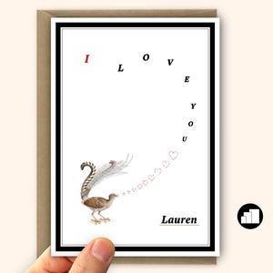 Tarjeta romántica de San Valentín para cónyuge o pareja: diseño personalizado de pájaros enamorados con opciones de mensajes