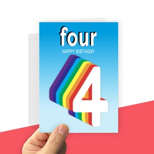 Printable 4th Birthday Card for boy or girl, Rainbow Four, Digital file