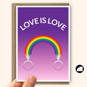 Tarjeta del día de la boda lesbiana Love is Love MRS & MRS tarjeta de felicitación tarjeta de boda del mismo sexo tarjeta de felicitación gay anillos de arco iris