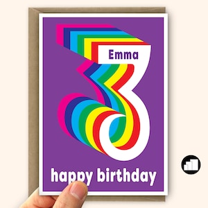 Tarjeta de cumpleaños personalizada para niño o niña. Tarjeta de cumpleaños arcoíris para hijo o hija. Opciones de mensajes y tarjetas grandes.