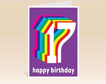 17th birthday card for boy for girl, seventeenth birthday card for son daughter, rainbow number 17, blank inside