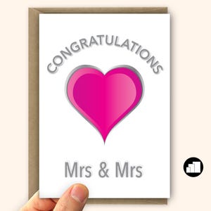 Carte de mariage lesbien MRS & MRS card Félicitations pour mariage Carte coeur rose pour les mariés Ajouter un message personnalisé Grande carte