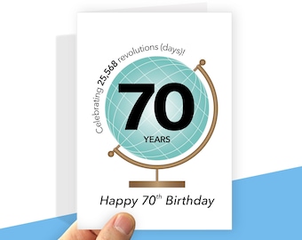 Printable 70th Birthday Card Globe Theme, Digital file