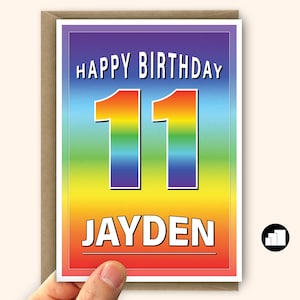 Regenbogen Karte zum 11.Geburtstag groß, anpassbares Design für Kinder, Jungen, Mädchen