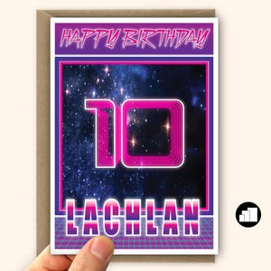Personalised 10th birthday card for boy son Large synthwave space theme