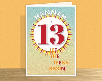 Personalised 13th birthday card for boy for girl edit name Let the teens begin Large 13 birthday card for him or her