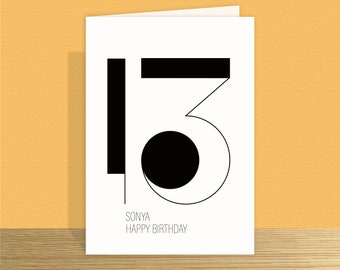 Personalised 13th birthday card Minimalist card for her or him 13th bday card for daughter son Large card & message options