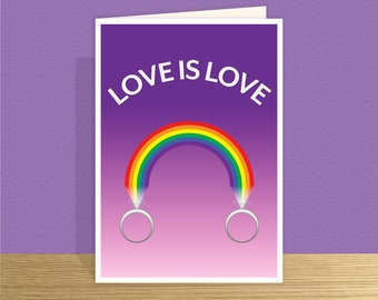 Lesbian wedding day card Love is Love MRS & MRS greeting card same sex wedding card gay congratulations card rainbow rings