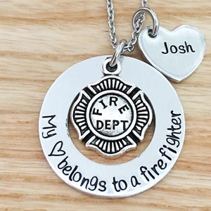 Firefighter wife, firefighter gift, fireman gift, hand stamped firefighters wife gift, Necklace, My heart belongs to a firefighter, Jewelry