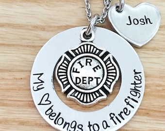 Firefighter wife, firefighter gift, fireman gift, hand stamped firefighters wife gift, Necklace, My heart belongs to a firefighter, Jewelry