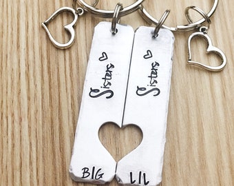 gifts for sisters, big sis, little sis, matching sister set, hand stamped jewelry, personalized keychain, personalized gift, unique gift