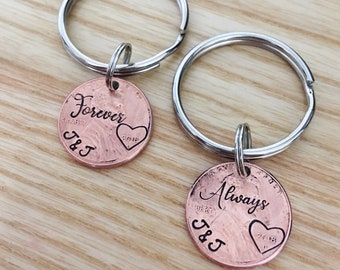 Valentines Day Penny Personalized Penny Keychain Set Penny Keychain Anniversary Keychain Custom Keychain 7 year Anniversary Keychain