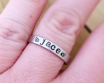 Miscarriage Memorial Ring, Hand Stamped Pewter Baby Name Ring, Angel Wings Loss Jewelry, Pregnancy Infant Loss Gift, Remembrance Keepsake