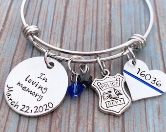 Police Memorial Jewelry, Thin blue line jewelry, police officer gifts, police wife bracelet, Badge Number heart, Hand stamped bracelet