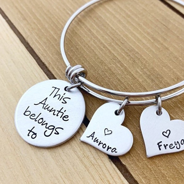 This Aunt Belongs to Bracelet. Adjustable Bangle Bracelet. Gift for new Aunt. Niece and Nephew Gift. Personalized Hand Stamped Aunt Jewelry.