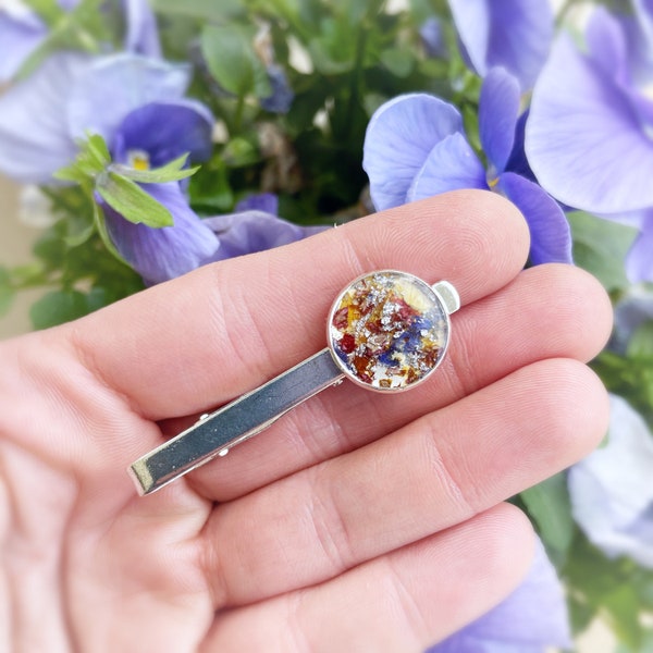 Funeral flower tie clip for men, dried petal tie clip, tie tack with your dried petals, tie bar with flower petals, funeral flower keepsake