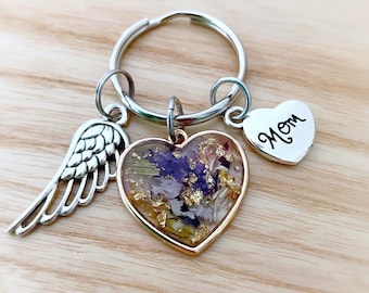 Llavero de flores funerarias con sus pétalos secos, llavero de corazón personalizado con flores, regalo de pétalos de flores secas, recuerdos de flores funerarias
