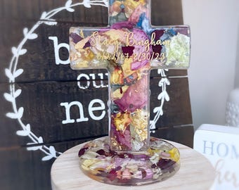 Cruz conmemorativa con flores funerarias, cruz con flores secas, preservación de flores secas, flores para ataúd, pétalos secos como recuerdo funerario