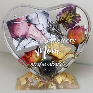 Memorial keepsake heart, funeral plaque,  photo keepsake block, hair preservation, custom heart block with dried flowers, Resin Heart,