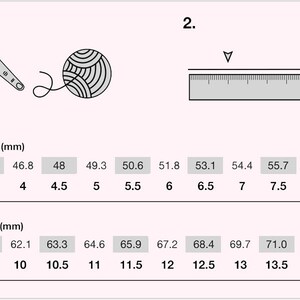 May include: A chart showing how to measure yarn for knitting needles. The chart shows the measurement in millimeters and the corresponding needle size in US sizes.