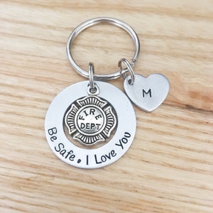 Firefighter Key Chain, Be Safe, Fireman Gift, First Responder, Keep Him Safe, Personalized Hand Stamped, Be safe I love you, Maltese Cross image 2