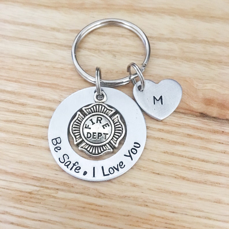 Firefighter Key Chain, Be Safe, Fireman Gift, First Responder, Keep Him Safe, Personalized Hand Stamped, Be safe I love you, Maltese Cross image 2