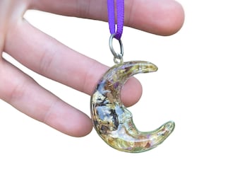Celestial Crescent Moon Funeral flower keepsake, Sympathy Gifts, Jewelry Dried flower petals, Sympathy Ornament, Wedding Keepsake Flowers