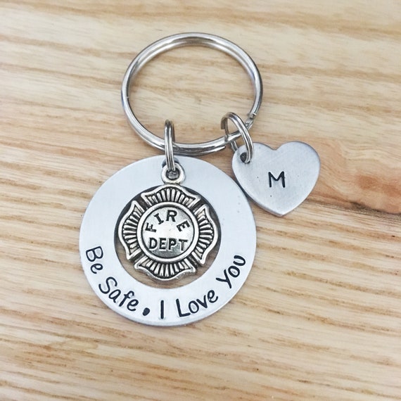 Firefighter Key Chain, Be Safe, Fireman Gift, First Responder, Keep Him Safe, Personalized Hand Stamped, Be safe I love you, Maltese Cross