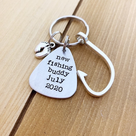New fishing Buddy - Pregnancy Announcement - Gender Reveal Gift - New Dad Grandpa Uncle Gift - Hand stamped Keychain - Fishermen Gift