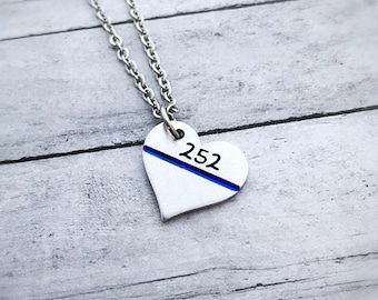 Thin blue line jewelry - police officer gifts - police wife necklace - Badge Number heart - Hand stamped necklace jewelry