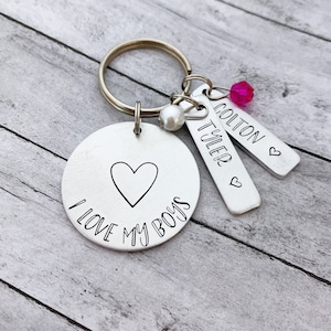 Mothers Day gift for Mom Mom of Boys Keychain Hand Stamped Personalized Keychain Jewelry fathers Day Gift for dad I Love My Boys image 1