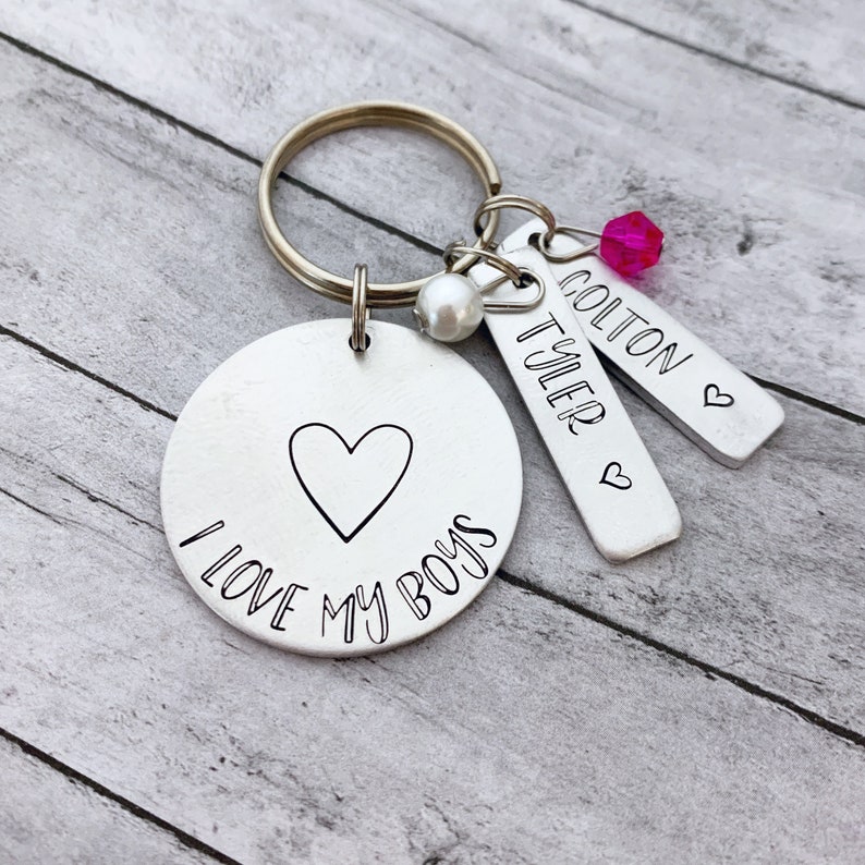 Mothers Day gift for Mom Mom of Boys Keychain Hand Stamped Personalized Keychain Jewelry fathers Day Gift for dad I Love My Boys image 1