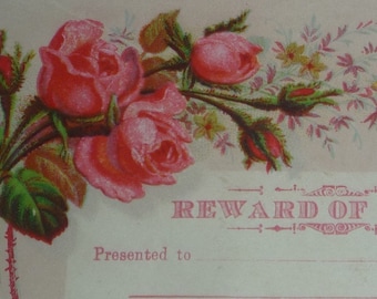 Antique Victorian Edwardian Reward of Merit colored floral certificate