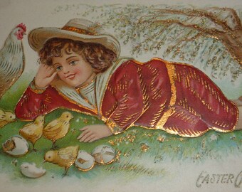 NEW Listing**Boy in Red Suit With Hen and Chicks Antique Easter Postcard