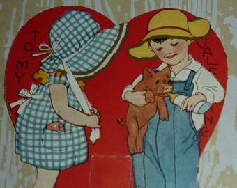 Little Girl and Boy Bottle Feeding a Pig Vintage Carrington Stand Up Valentine Card