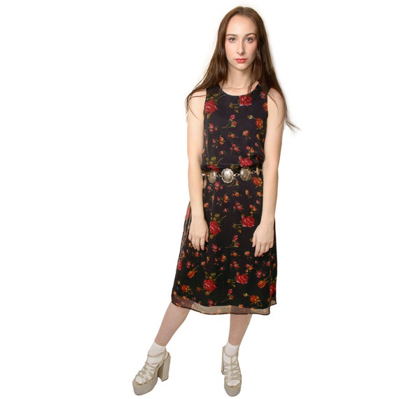 Vintage Rose Print Grunge Midi Dress Sheer 90s Flo