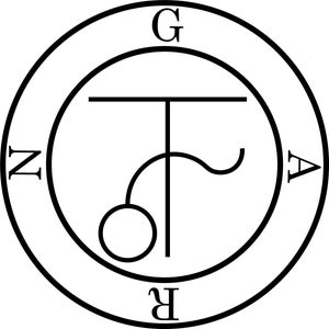 May include: A black and white sigil with the letters "G", "A", "R", and "N" around the outside of the circle. Inside the circle is a symbol with a circle, a line, and a curved line.