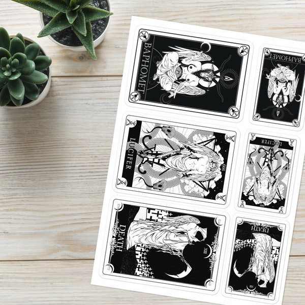 Satanic Tarot Cards Deck 6 Sticker Sheet | Gothic Lucifer Baphomet Death Major Arcana Cards Stationary Stickers | Goth Luciferian Art Prints