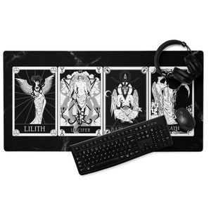 Satanic Tarot Gaming Mouse Pad | Gothic Satan Decor Black Marble Computer Desk Mat Gaming Gift | Occult Ritual Altar Cloth Large Keyboard