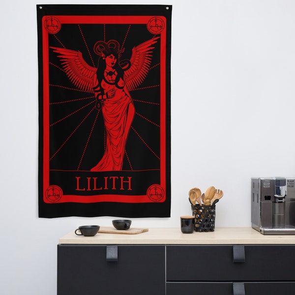 Satanic Lilith Tarot Card Red & Black Wall Tapestry 5×3' | Goth Home Hanging Room Décor | Gothic Decoration Occult Banner Flag