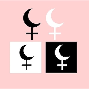 May include: A graphic design featuring four stylized symbols. Each symbol combines a crescent moon with the Venus symbol. The symbols are in black and white, set against a pink background and white and black squares.