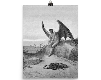 Puede incluir: Impresión en blanco y negro de una figura alada con cuernos, sentada sobre una roca, con una serpiente a sus pies. La obra de arte está sujeta a la pared con un clip. Un paisaje es visible en el fondo.