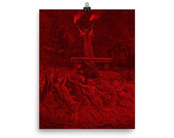 Puede incluir: Impresión roja de una escena dramática con figuras en un paisaje infernal. Una figura central está de pie con los brazos levantados, sosteniendo llamas. Otras figuras se representan en varias poses, creando una sensación de caos e intensidad.